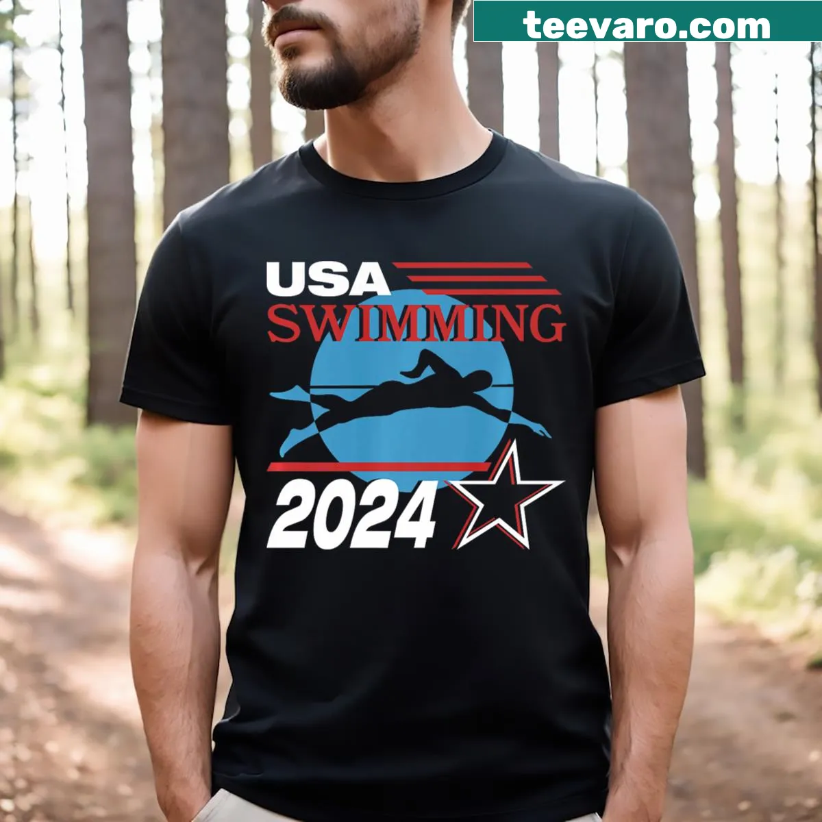 Swimming graphics with USA flag elements for the 2024 Summer Games — on a men's t-shirt
