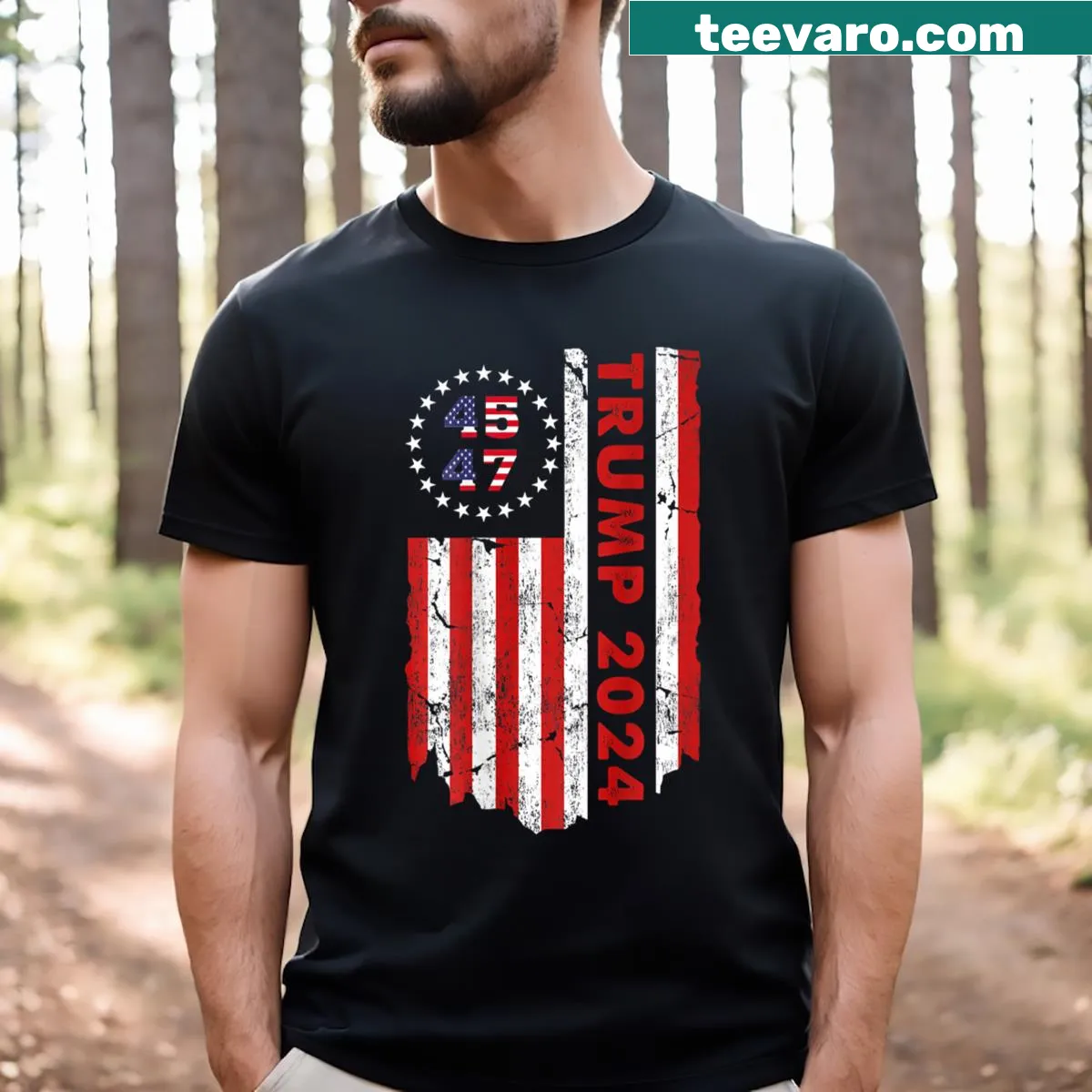 Double-sided Trump 2024 T-shirt featuring American flag design — on a men's t-shirt