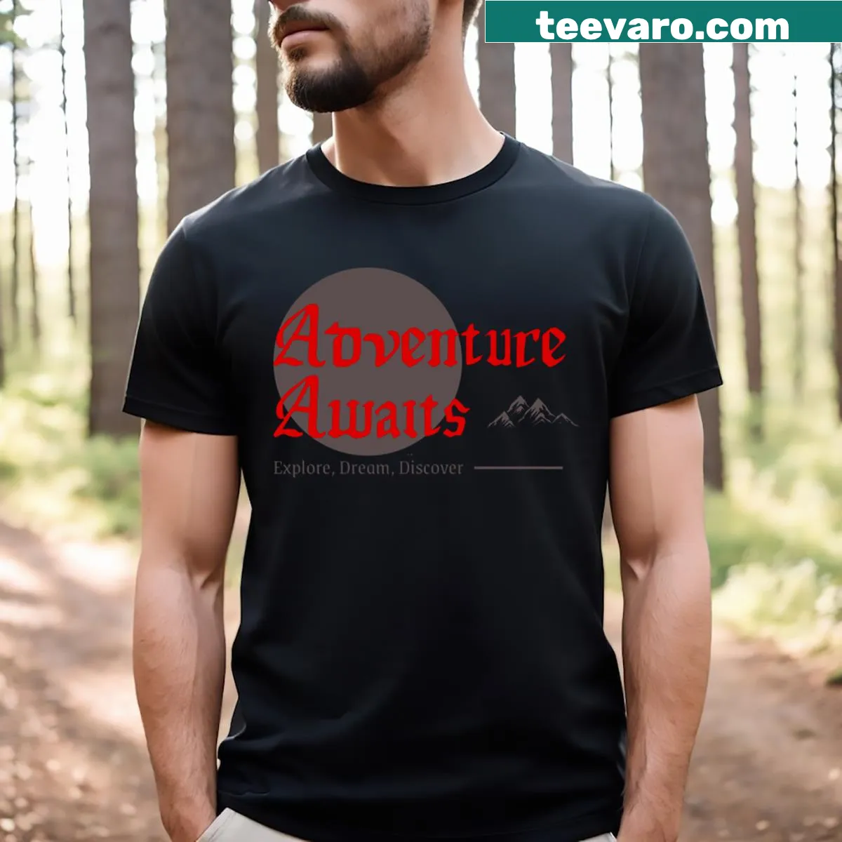 Adventure Awaits inspirational T-shirt — on a men's t-shirt
