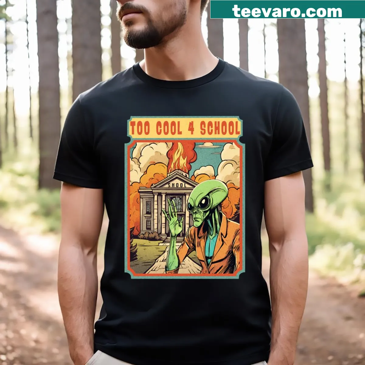 Cartoon alien in a chaotic school scene on a T-shirt — on a men's t-shirt