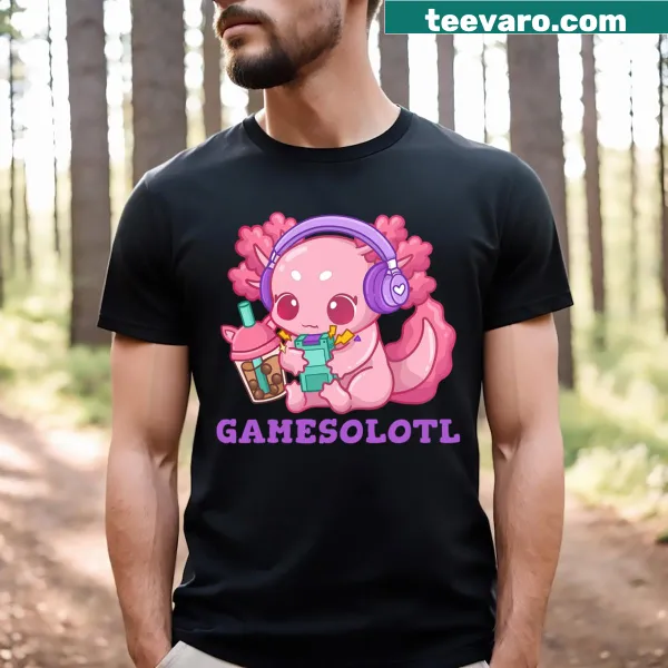 Cute axolotl graphic gaming T-shirt with boba tea and video game icons