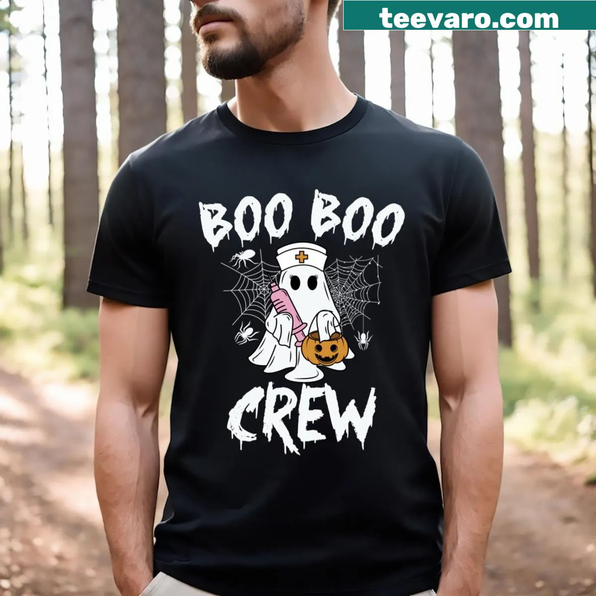 Funny Halloween T-shirt with ghost and nurse theme — on a men's t-shirt