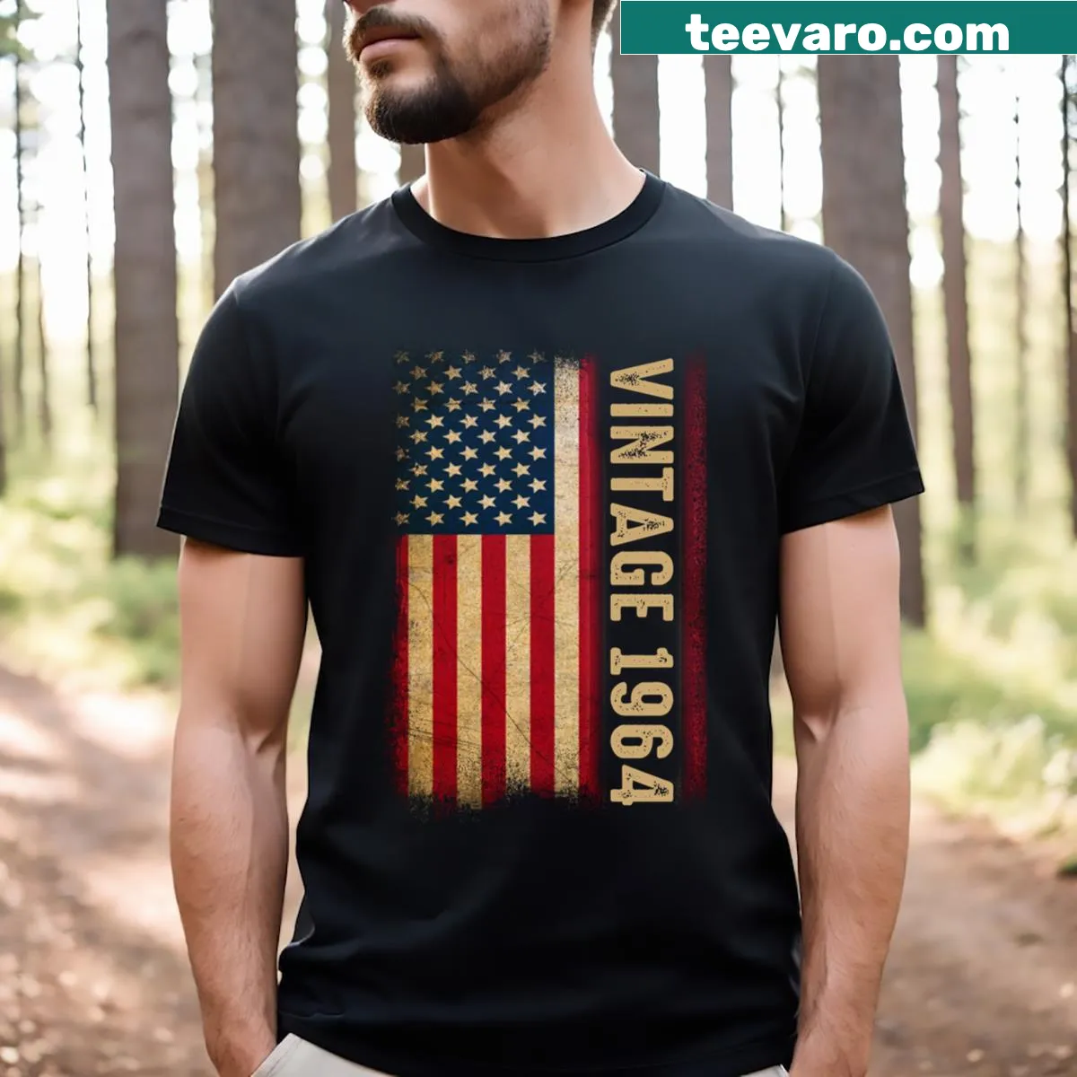 Vintage t-shirt with American flag design for 1964 birthday — on a men's t-shirt