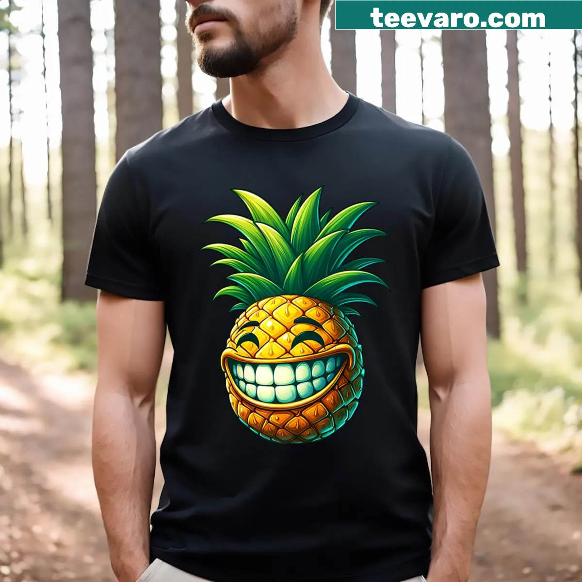 Cartoon grinning pineapple graphic on a summer-themed t-shirt — on a men's t-shirt