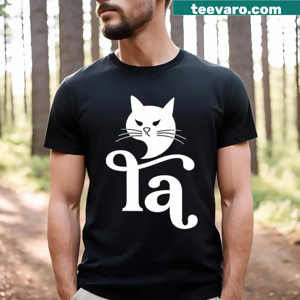Funny Cat Lady T-shirt with 'Cat Comma La' text and illustration — on a men's t-shirt