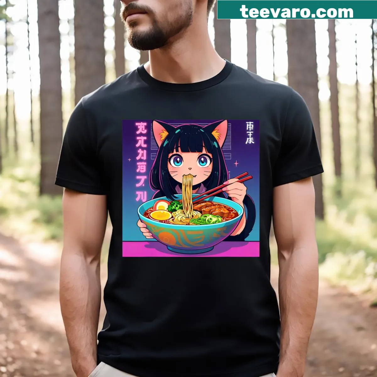 Kawaii cat girl illustration with ramen on a t-shirt — on a men's t-shirt