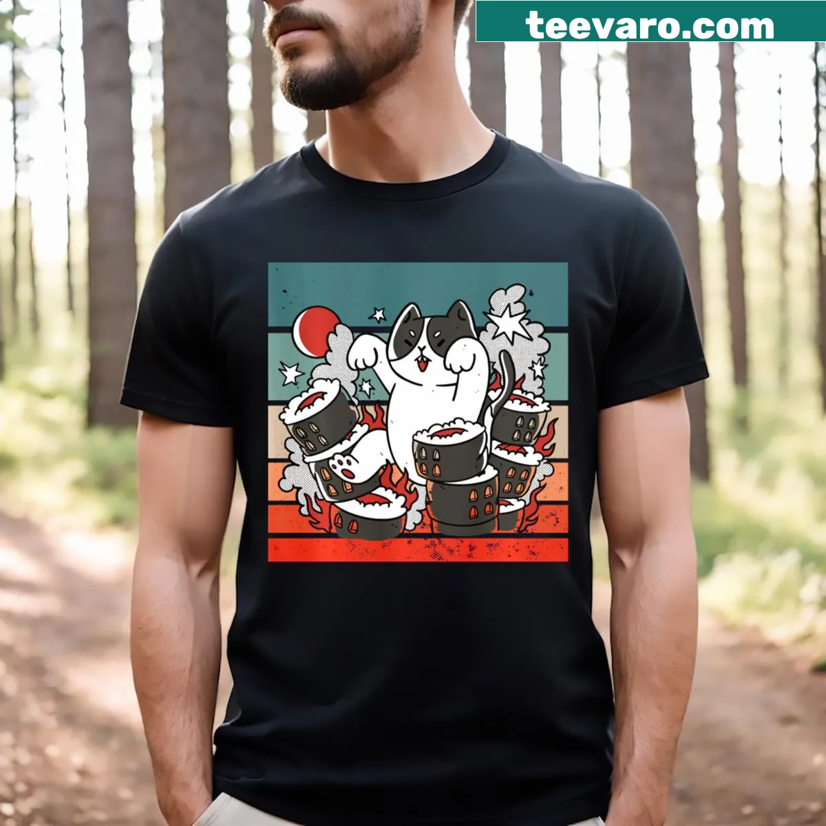Cartoon cat sushi character amidst city destruction graphic t-shirt — on a men's t-shirt