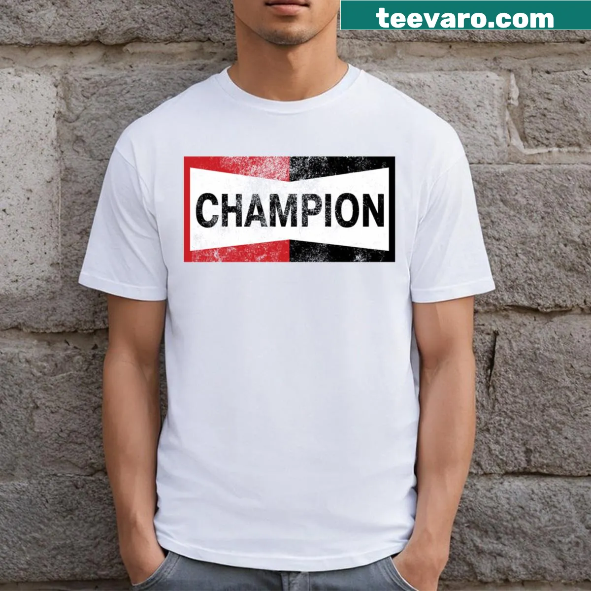 Vintage Champion logo t-shirt with a distressed design — on a men's t-shirt