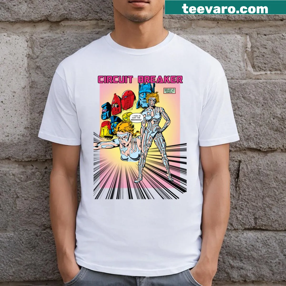 Minimalist Circuit Breaker t-shirt with clean typographic design — on a men's t-shirt