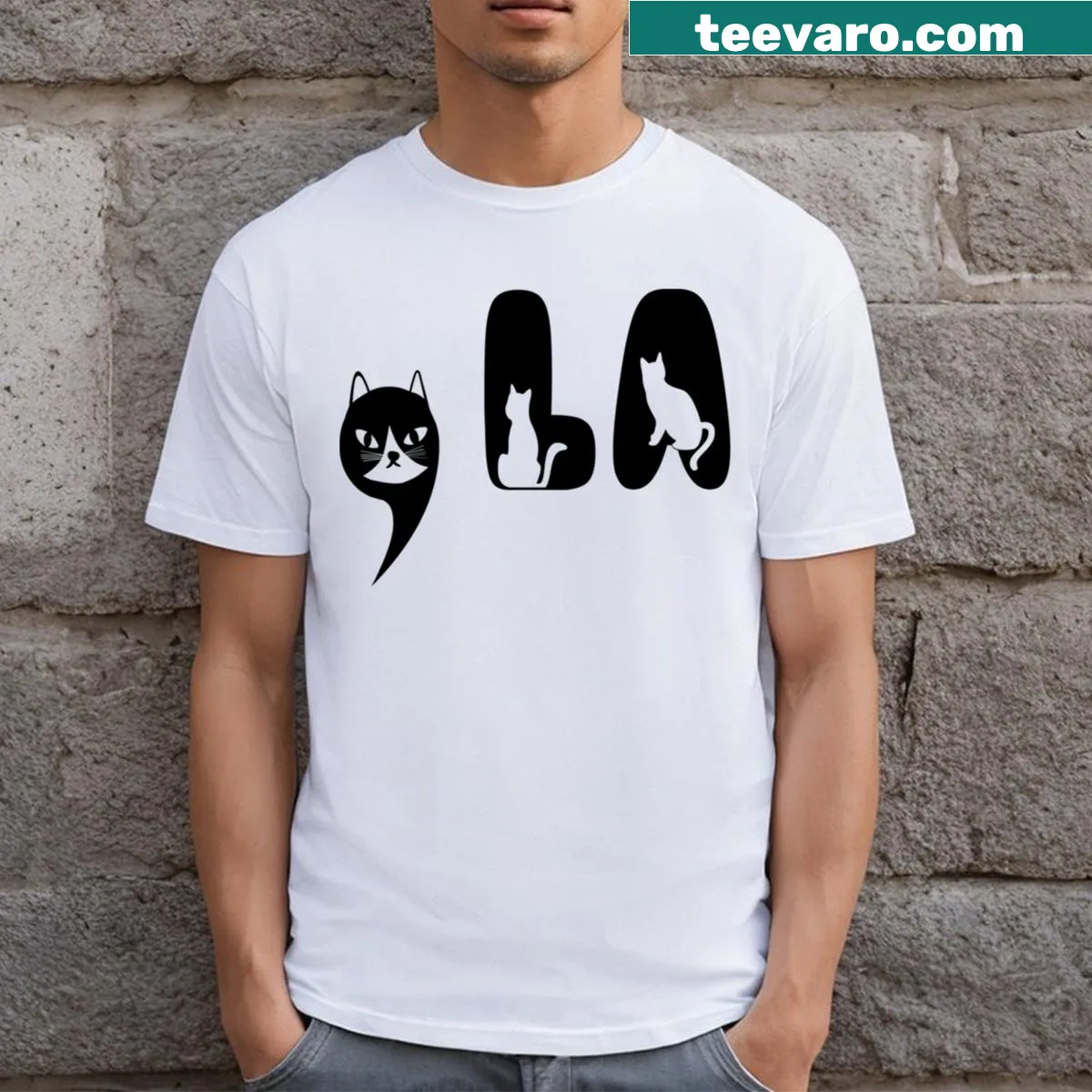 Funny Comma La Kamala Harris graphic t-shirt with a cat theme — on a men's t-shirt