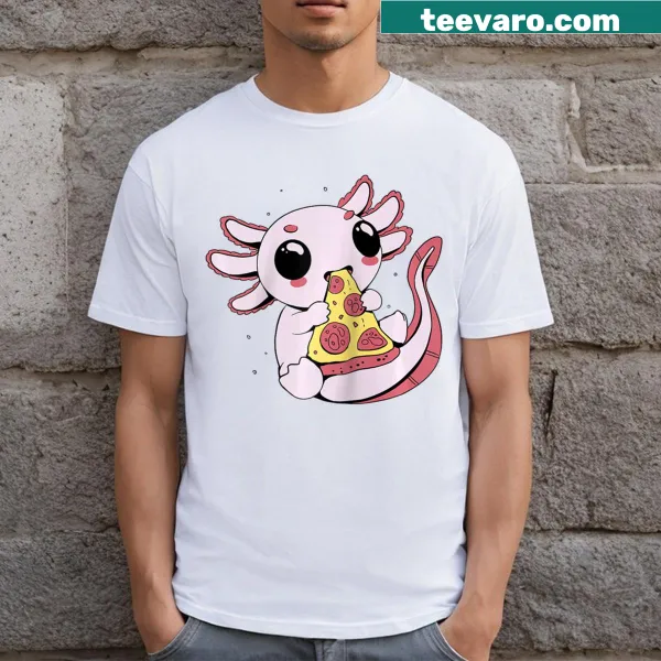 Cartoon axolotl eating pizza graphic on a raglan tee