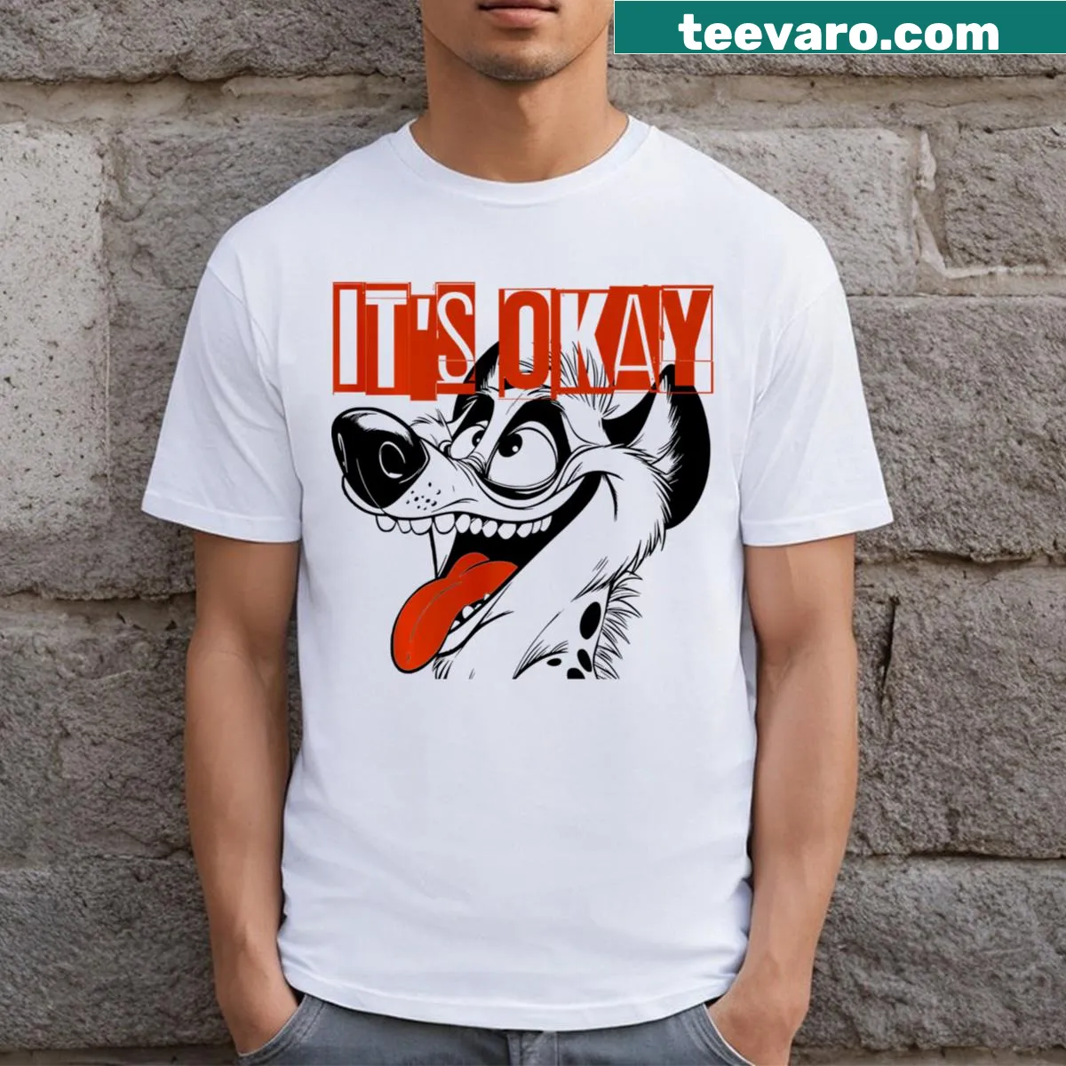 Laughing cartoon character design on a t-shirt promoting positivity — on a men's t-shirt