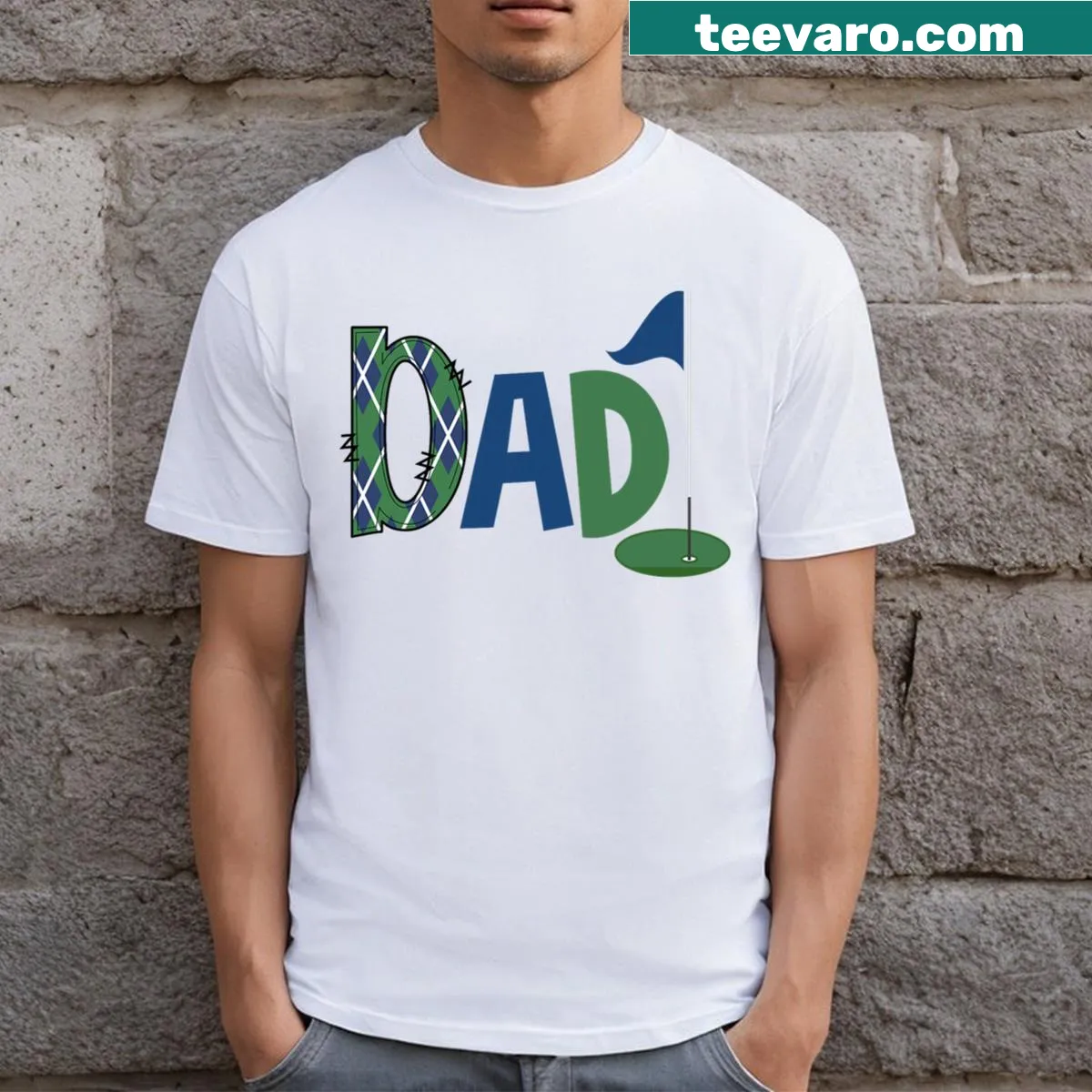 Fun T-shirt for dads with a birthday theme featuring golf graphics — on a men's t-shirt