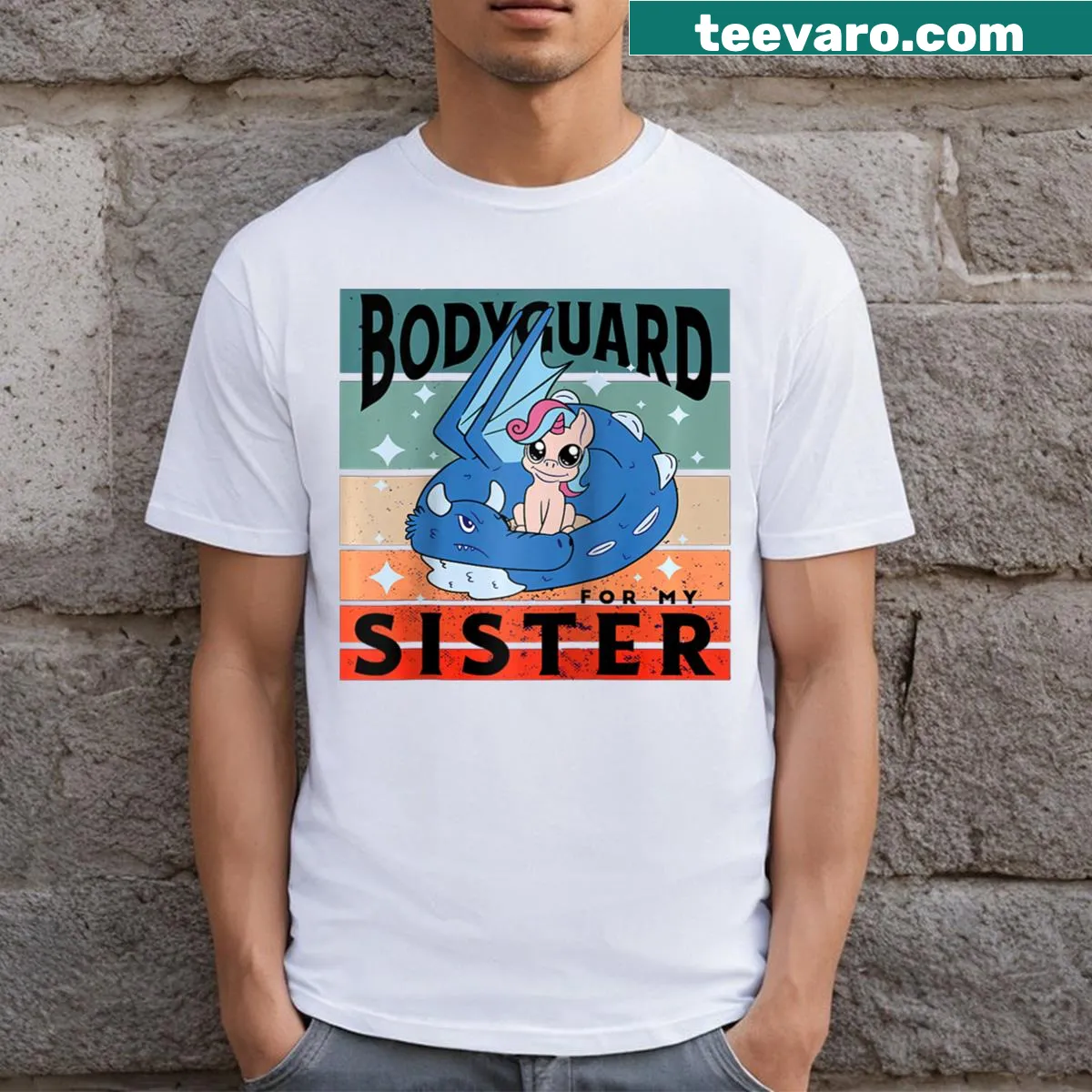 Cute cartoon dragon bodyguard sister protection baseball tee — on a men's t-shirt