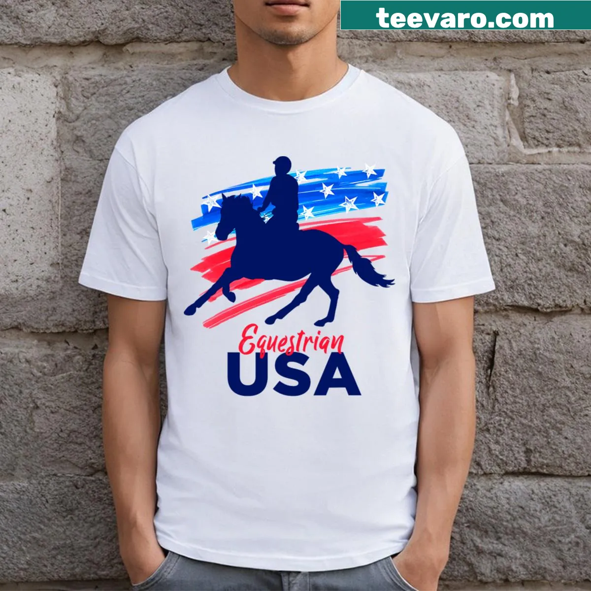Equestrian T-shirt featuring American flag and 'Support Team' text — on a men's t-shirt