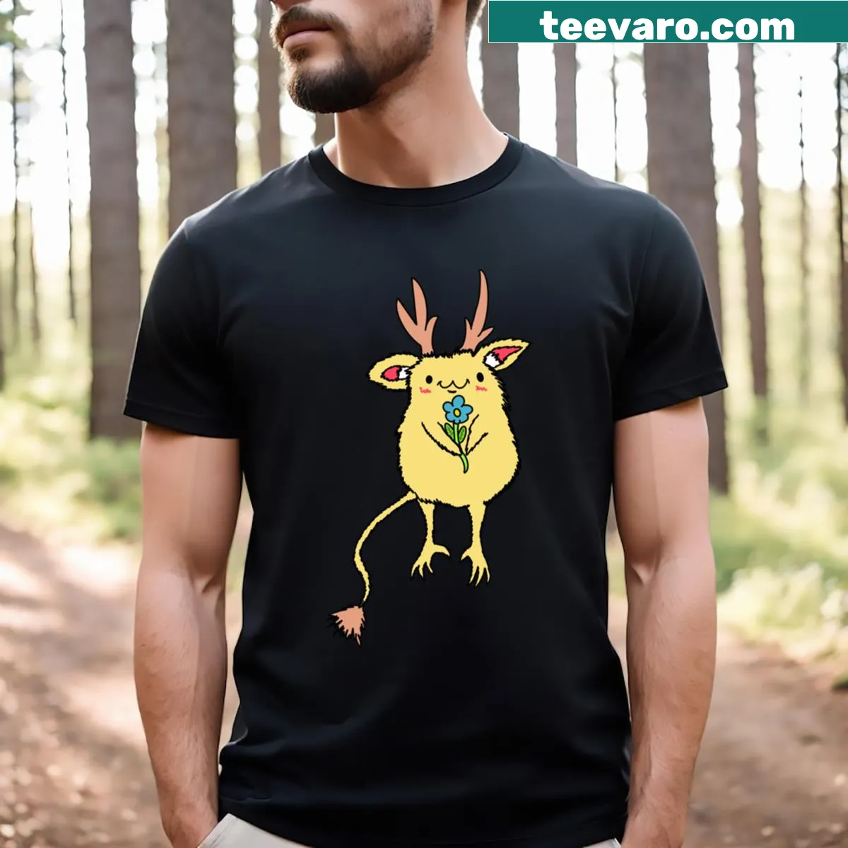 Cute fantasy critter holding a flower T-shirt for kids — on a men's t-shirt