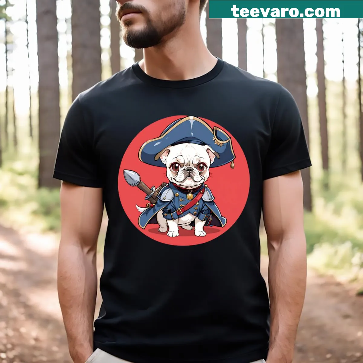 Whimsical T-shirt featuring a French bulldog in musketeer attire — on a men's t-shirt