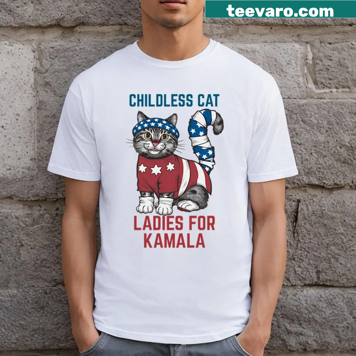 T-shirt featuring the phrase 'Childless Cat Lady Voting For Kamala Harris For President' — on a men's t-shirt