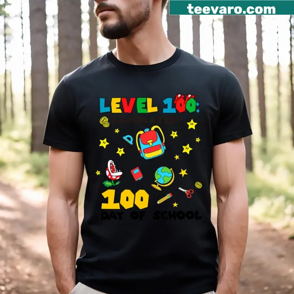 Gaming-themed t-shirt celebrating 100 days of school with fun graphic