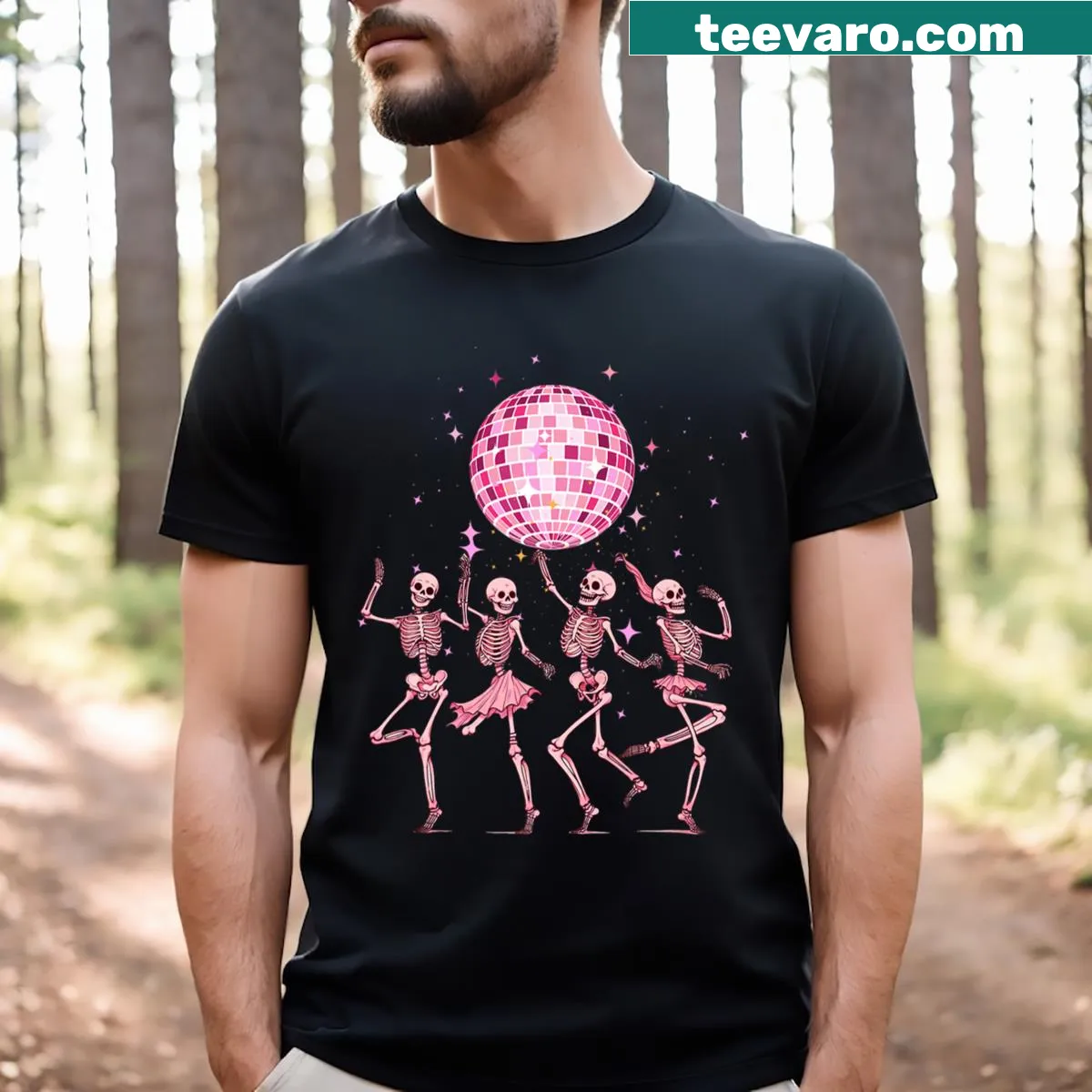 Cute pink skeleton design T-shirt for Halloween birthday — on a men's t-shirt