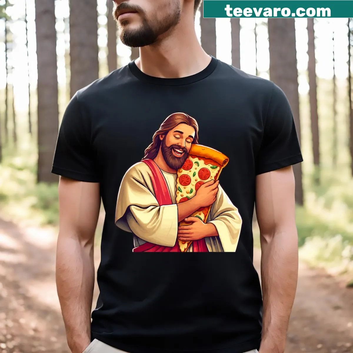 Funny Christian humor T-shirt with pizza theme — on a men's t-shirt