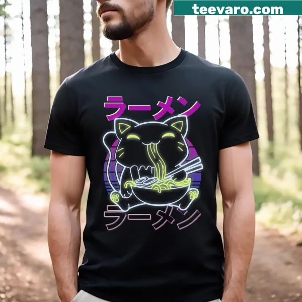 Kawaii-style shirt featuring a cat and ramen noodle art.