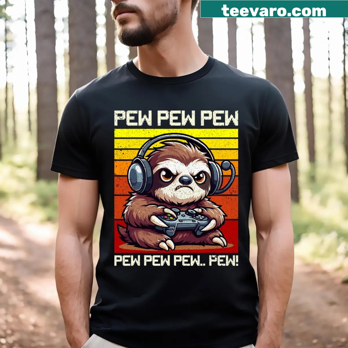 Vintage sloth gamer T-shirt with a humorous pew graphic — on a men's t-shirt