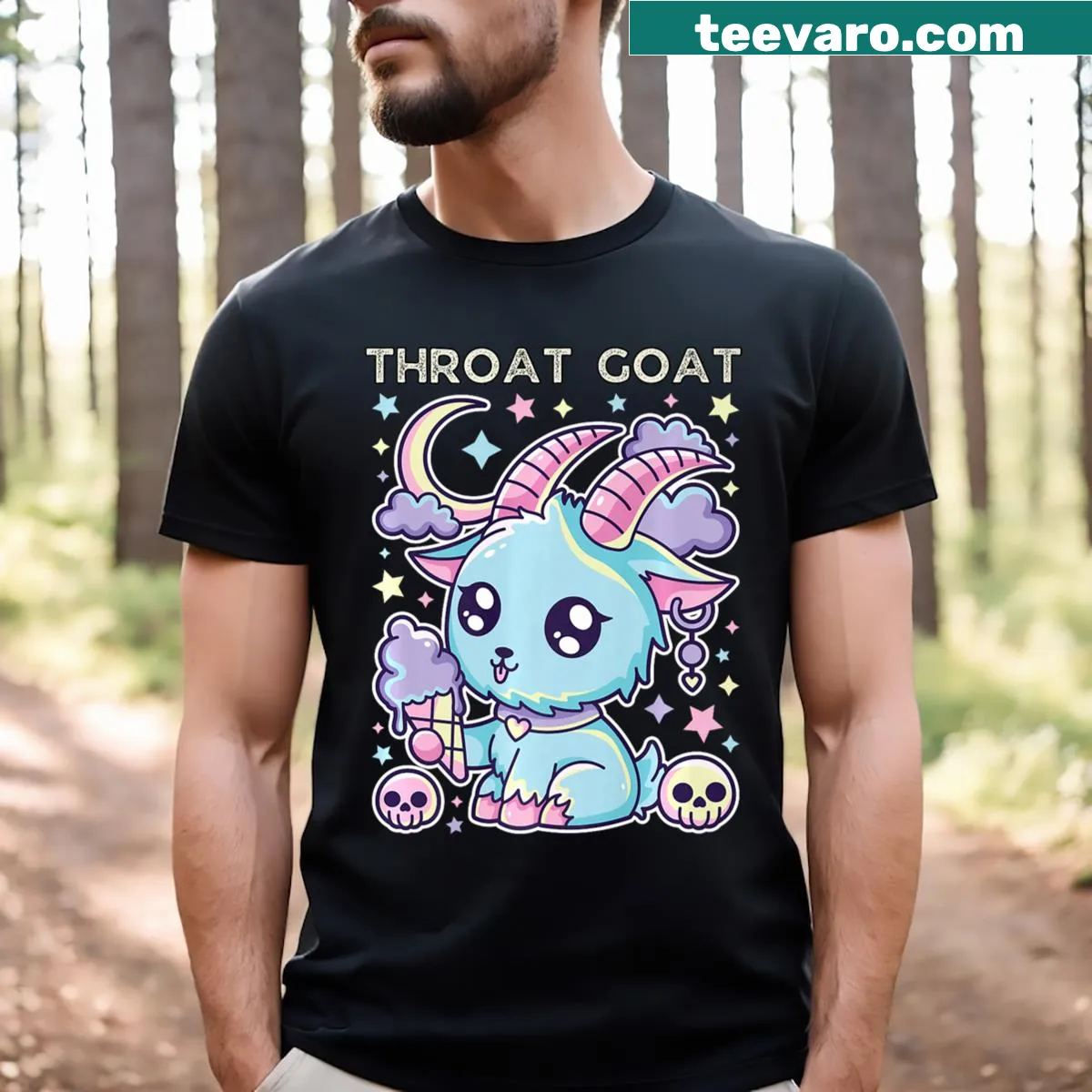 Playful Halloween-themed shirt with witch and throat goat design — on a men's t-shirt