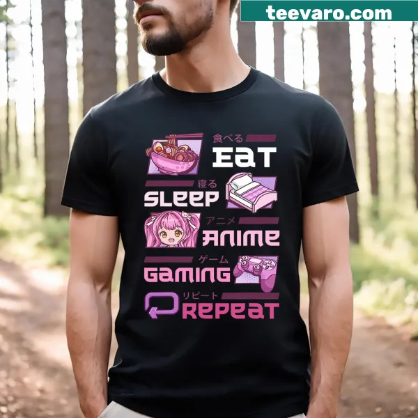 Funny gamer t-shirt with Eat Sleep Anime Gaming Repeat theme