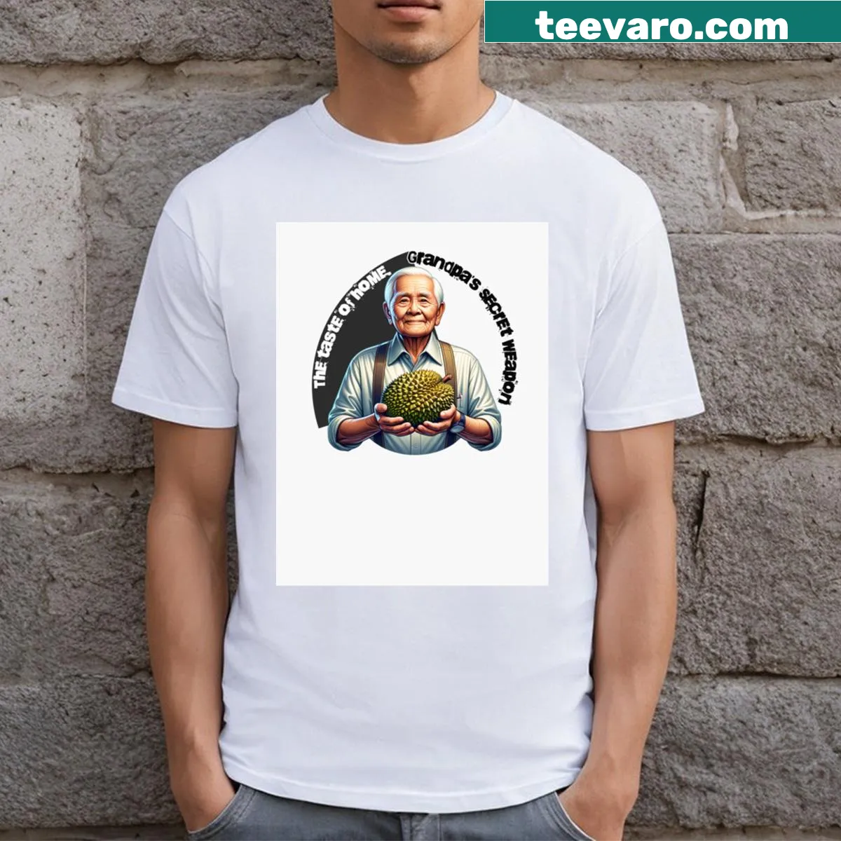 Cartoon durian with funny expression on a t-shirt for durian lovers — on a men's t-shirt