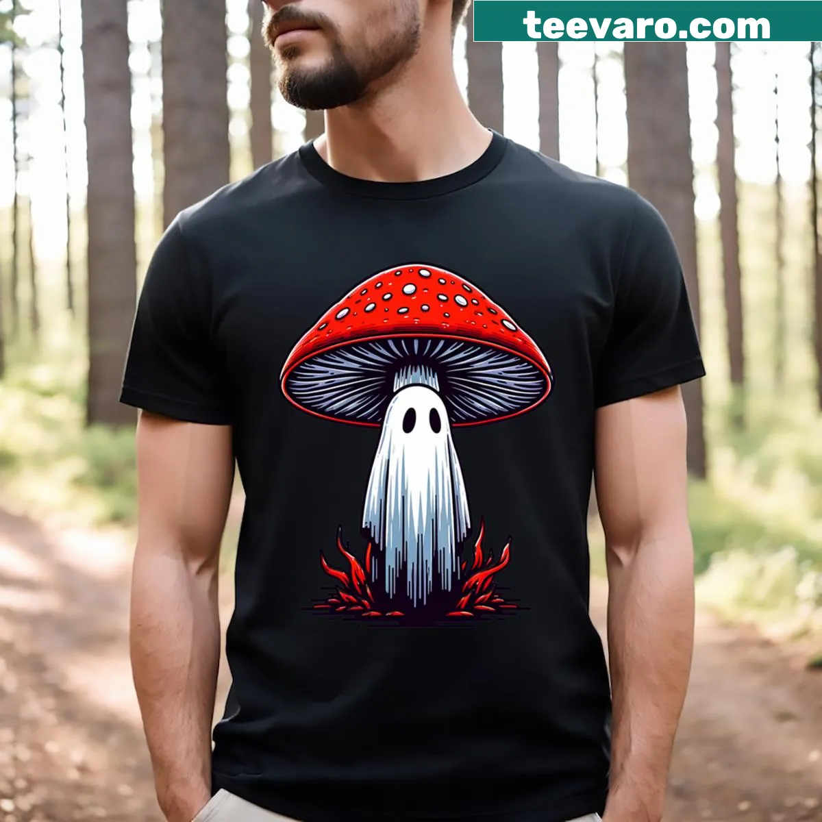 Illustrated ghost and mushroom scene on a cottagecore T-shirt — on a men's t-shirt