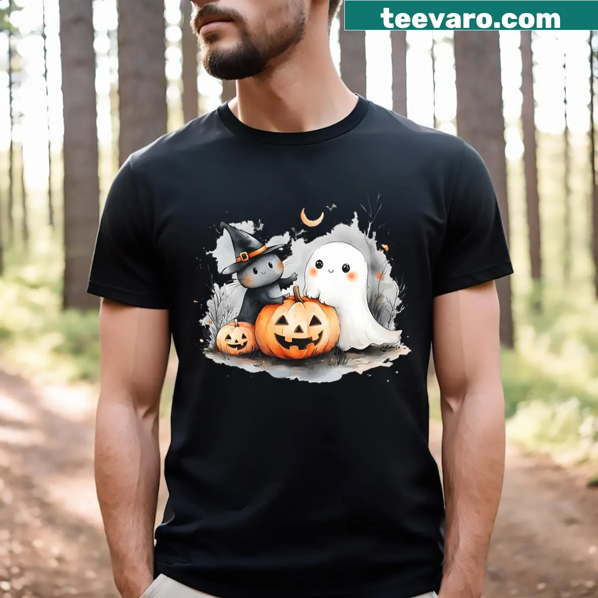 Cartoon cat in a witch hat next to a pumpkin on a Halloween shirt — on a men's t-shirt