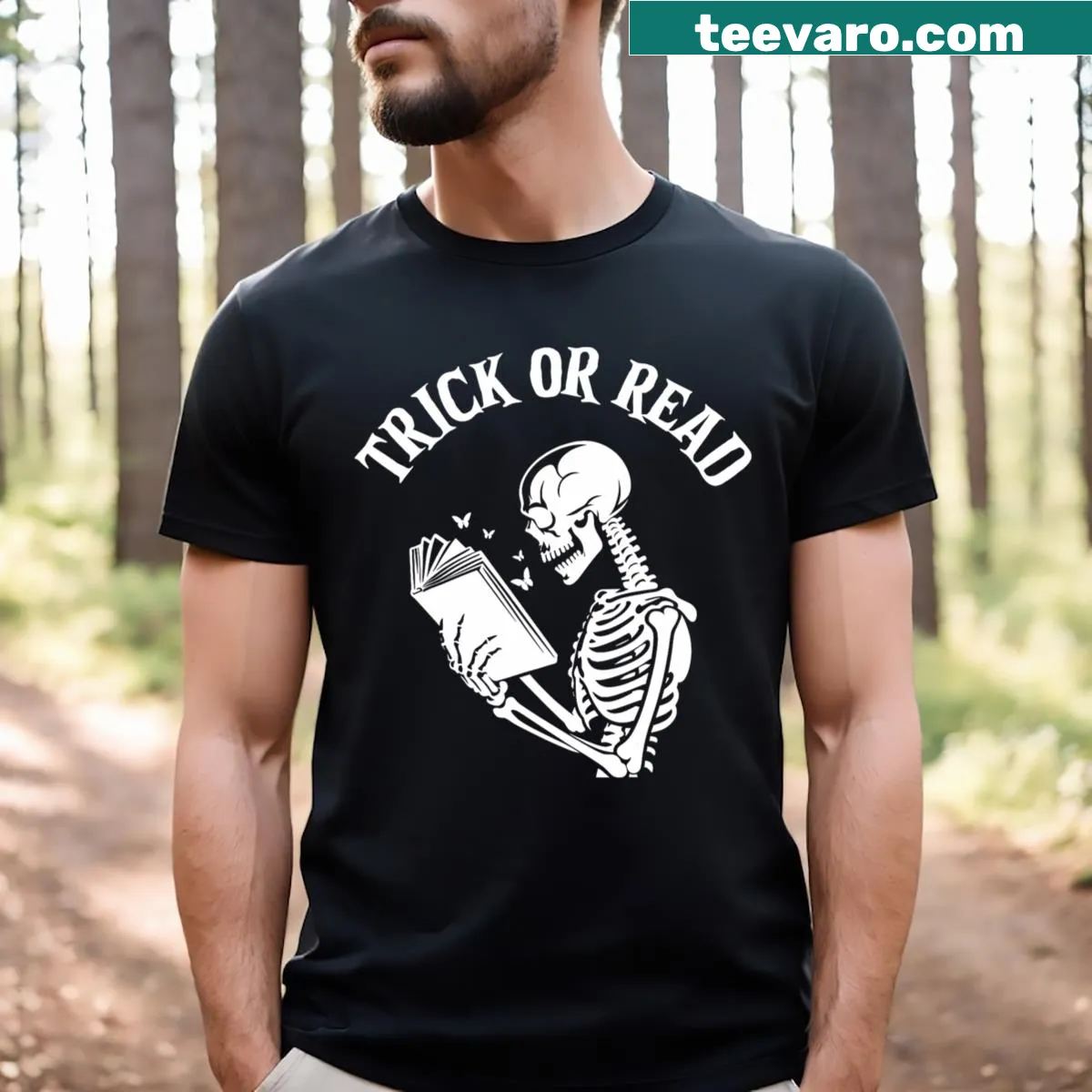 Funny Halloween shirt for librarians with 'Trick or Read' text. — on a men's t-shirt