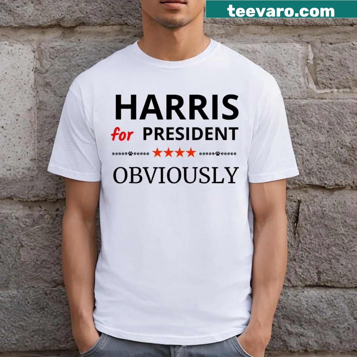 Text-based graphic stating support for Kamala Harris 2024. — on a men's t-shirt