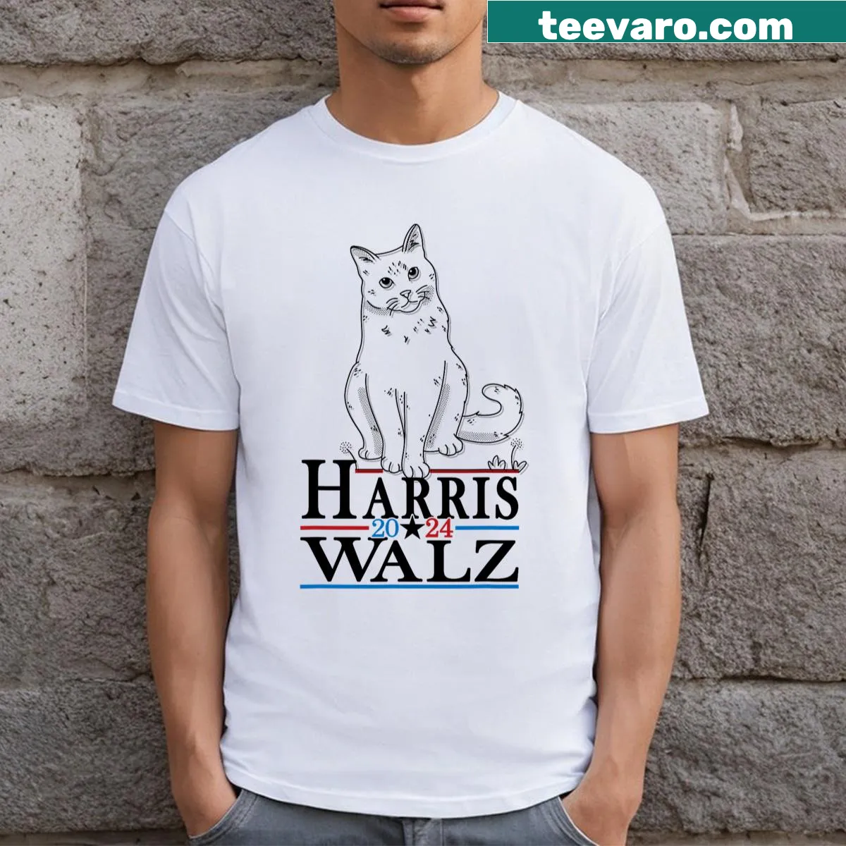 Playful cat-themed graphic supporting Harris and Walz for 2024. — on a men's t-shirt
