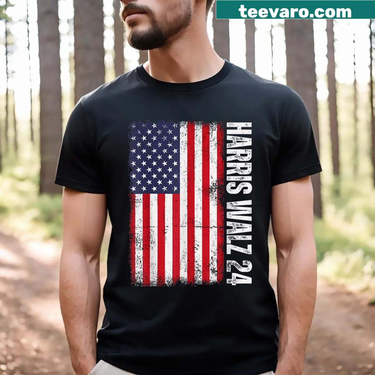 Funny election-themed shirt with Kamala Harris and Tim Waltz — on a men's t-shirt