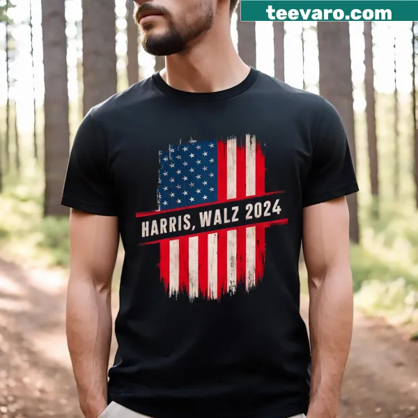 Patriotic shirt with Kamala Harris and Tim Waltz alongside the USA flag
