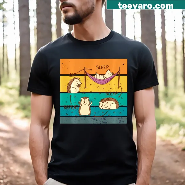 Cartoon T-shirt with a hedgehog and the phrase 'Eat Sleep Repeat'