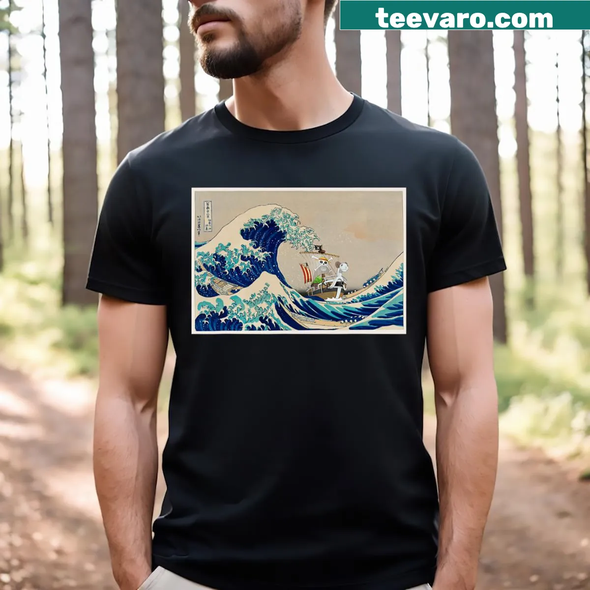 T-shirt featuring Hokusai's Great Wave Off Kanagawa artwork — on a men's t-shirt