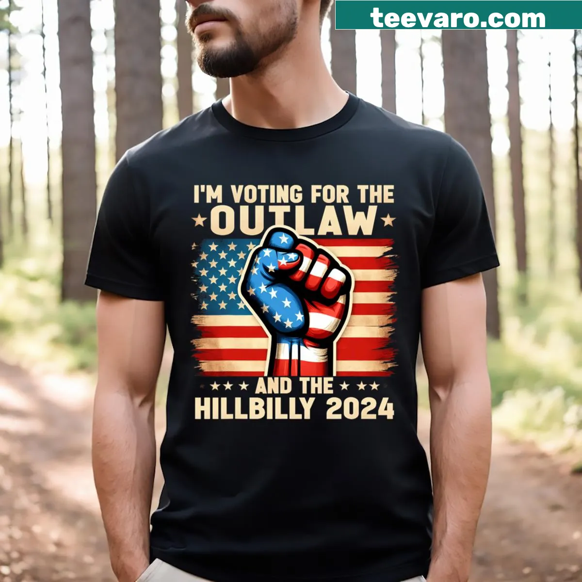 T-shirt with the phrase 'I'm Voting For The Outlaw And The Hillbilly 2024' — on a men's t-shirt