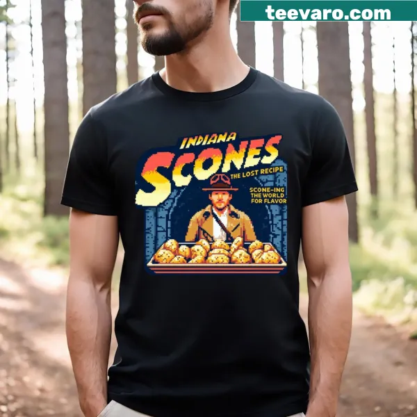 Pixel art scone design with a treasure hunting theme on a T-shirt