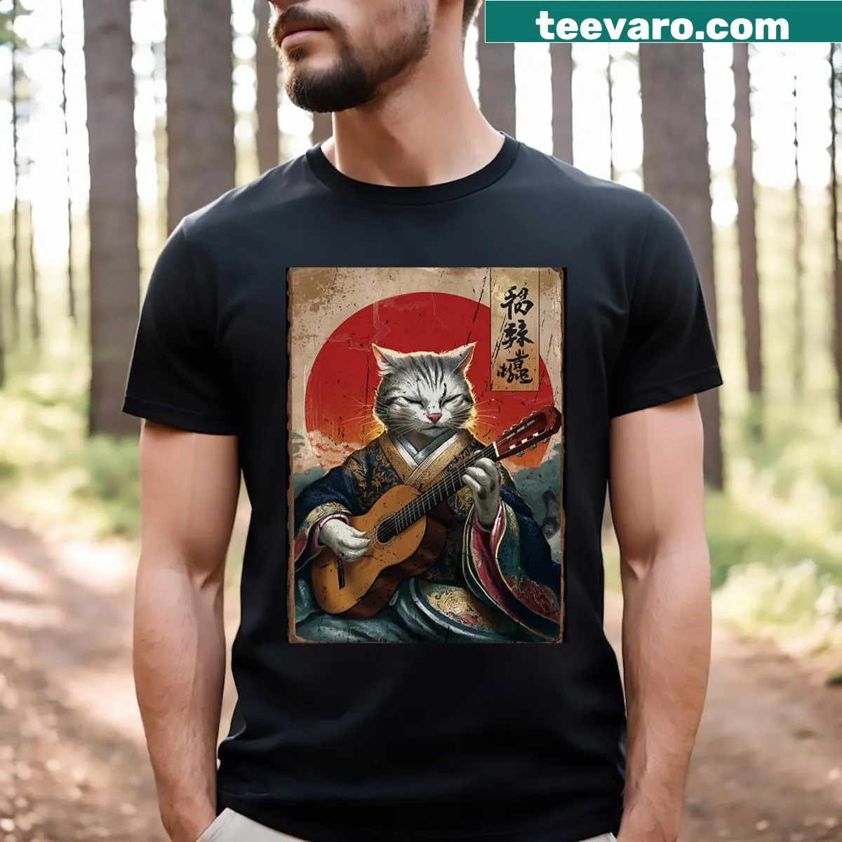 Anime art t-shirt featuring a samurai cat playing guitar — on a men's t-shirt