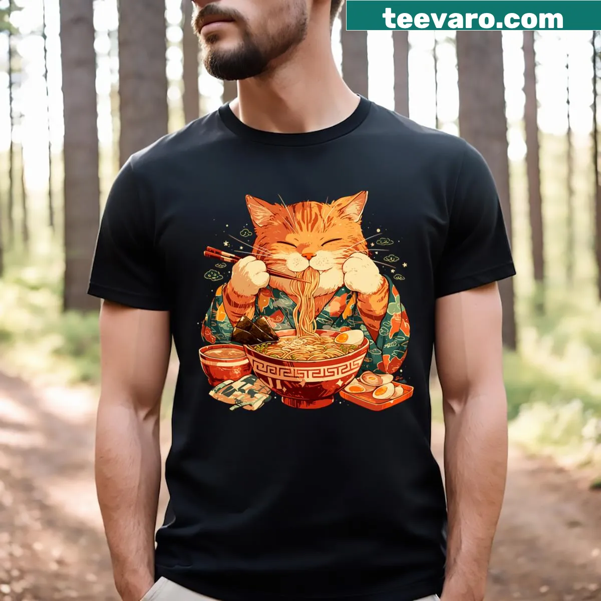 Ramen cat ninja design inspired by Japanese art on a T-shirt — on a men's t-shirt