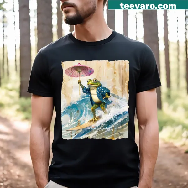 Funny graphic T-shirt with a surfing frog character