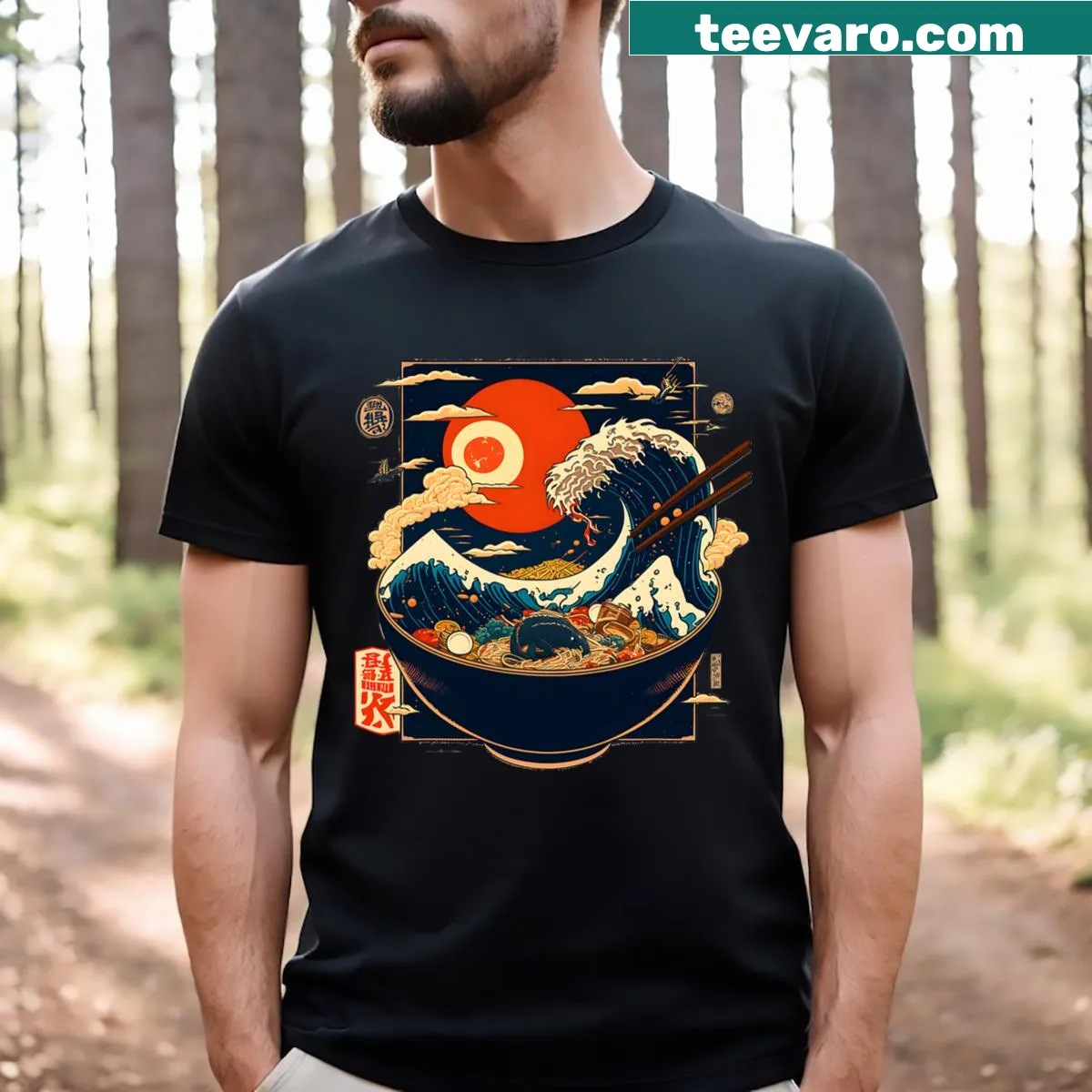 Retro graphic of Kanagawa wave with ramen on t-shirt — on a men's t-shirt