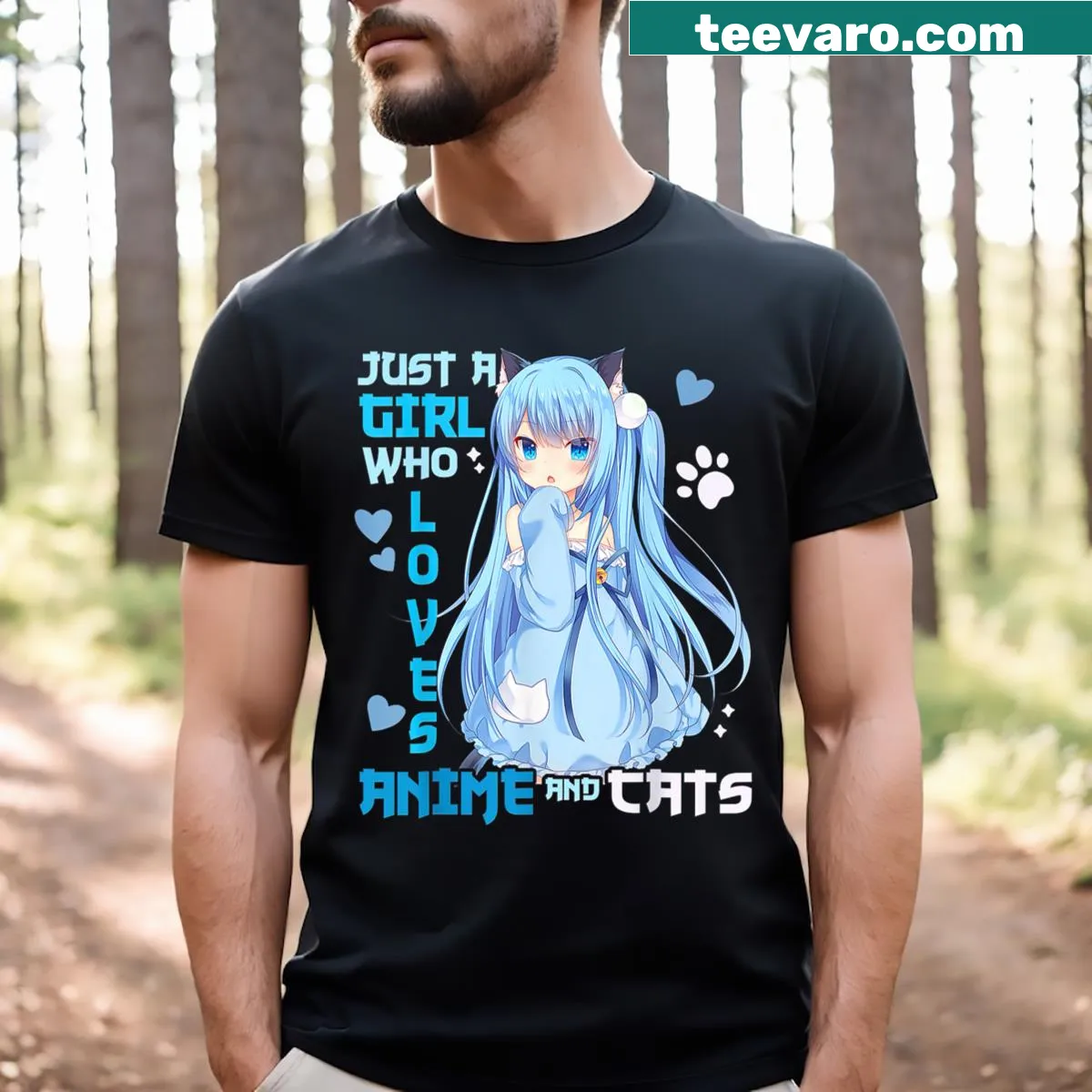 T-shirt with a playful phrase about anime and cats — on a men's t-shirt