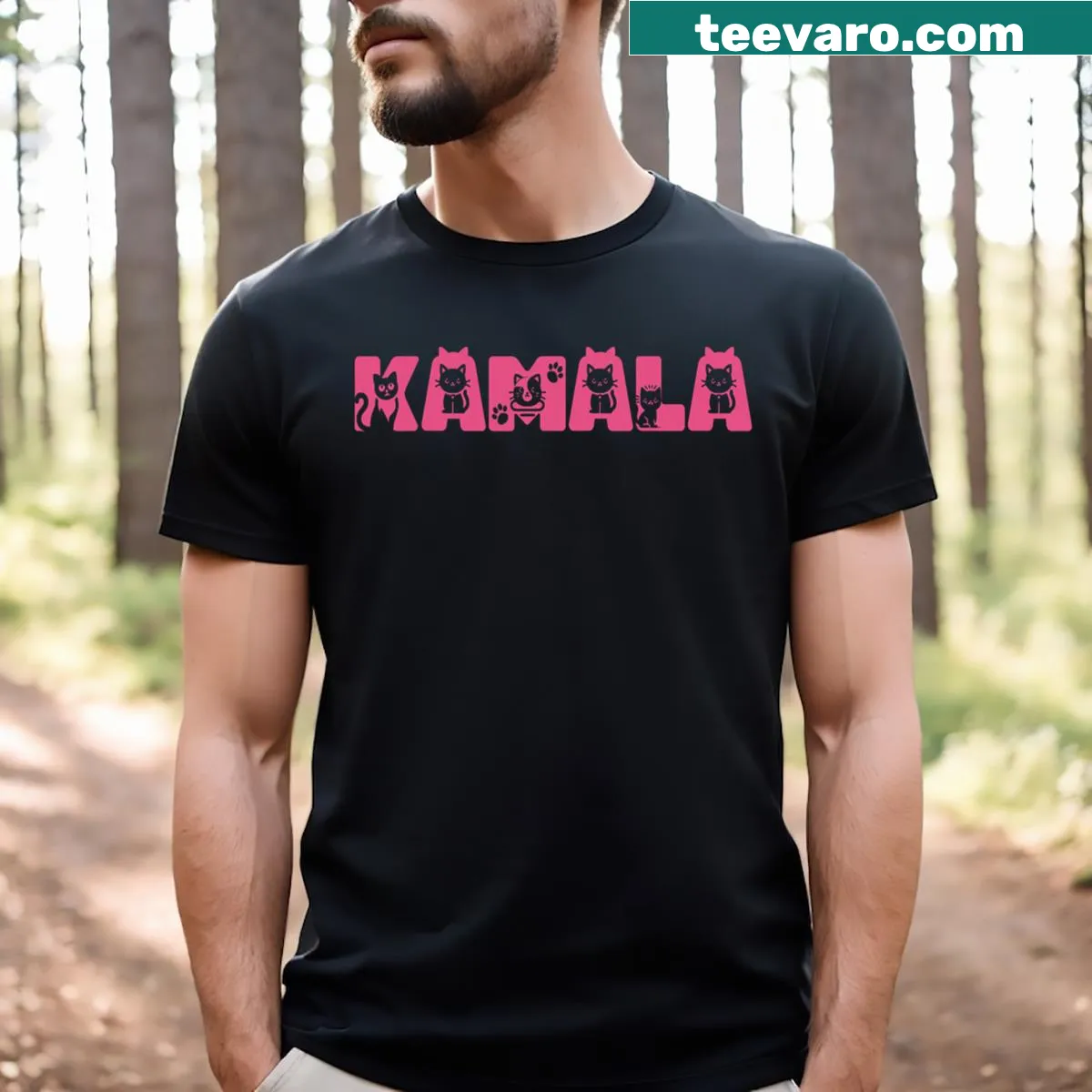 Funny cat-themed lettering on a t-shirt supporting Kamala Harris. — on a men's t-shirt