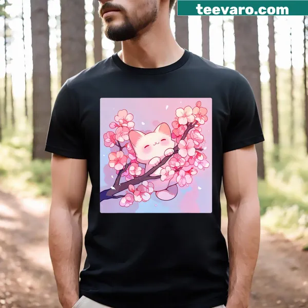 Kawaii T-shirt featuring anime cat design with cherry blossoms