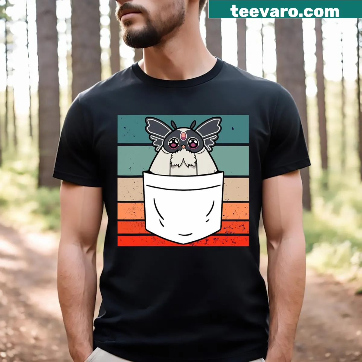 Cute cartoon moth T-shirt with big eyes and playful design — on a men's t-shirt