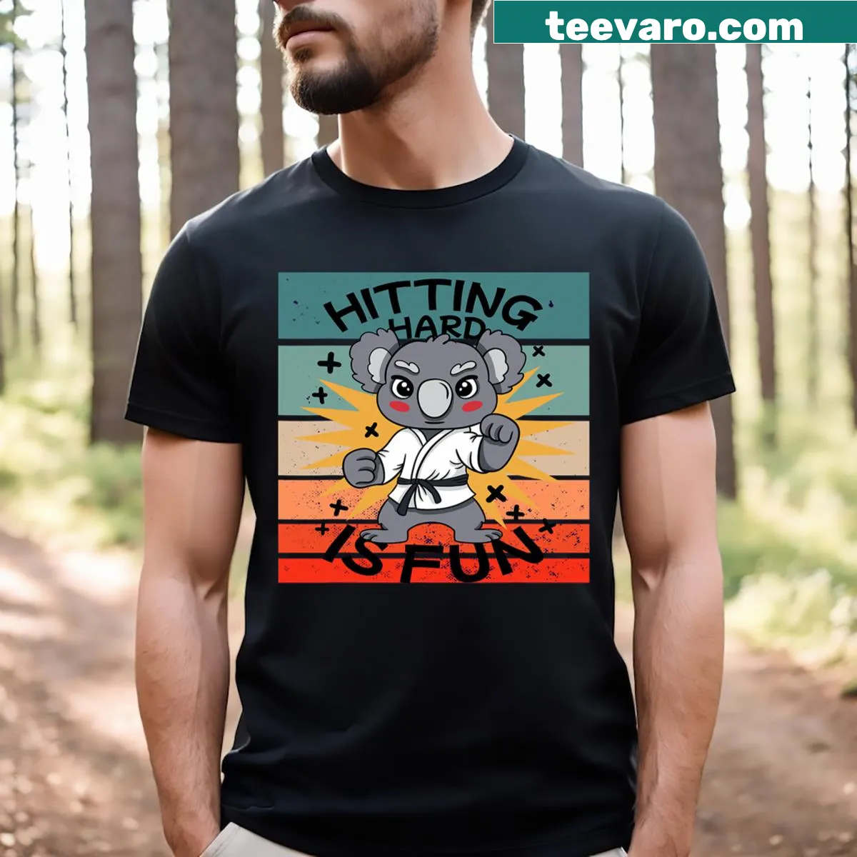Cartoon T-shirt featuring a humorous karate koala — on a men's t-shirt